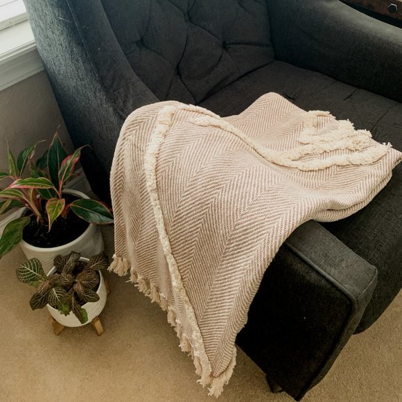 Diamond Tufted Throw Blanket / Beige & Cream / Cotton Throw Blanket / 60"x50" - Picture 4 of 11